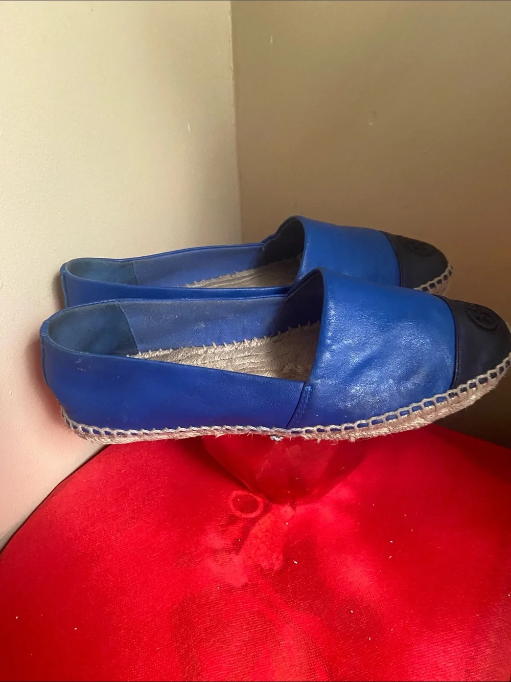 Tory Burch Royal Blue Leather Espadrille Wedges with Black Toe Cap
